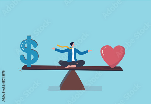 Work life balance, balancing between career to make money and personal life to enjoy with yourself or family concept, success businessman meditate on seesaw balance with money and heart symbol. 