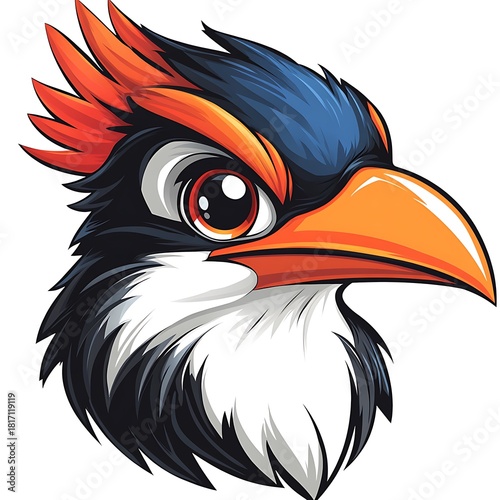 Fierce Bird Mascot Head with Orange Beak and Red Crest logo icon photo