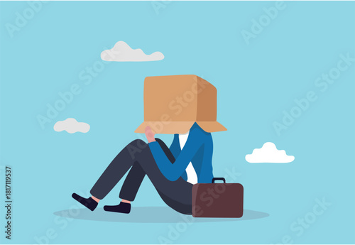 Business failure, work mistake or misfortune and unlucky, bankruptcy or fail entrepreneur concept, depressed businessman sitting covered his head with box, shameful cannot face people or society.