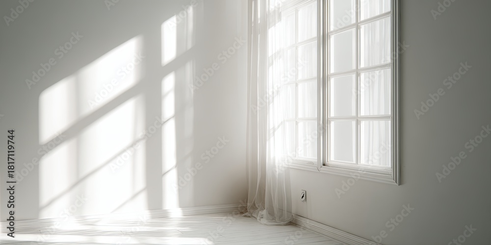 Fototapeta premium Soft, diffused window light illuminating a minimalist room with white walls, gentle shadows, tranquil morning atmosphere, cozy and inviting home interior.