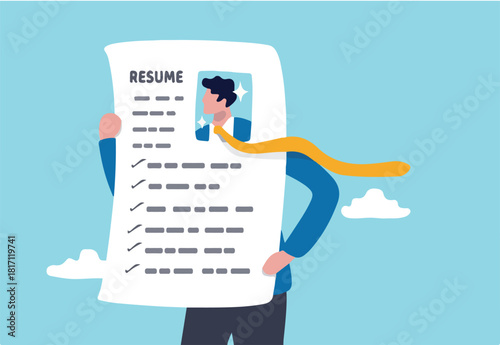 Stand out resume or CV, creativity way to present business profile to apply for new job concept, young smart businessman holding his resume or CV printed paper present his working profile for hiring. 