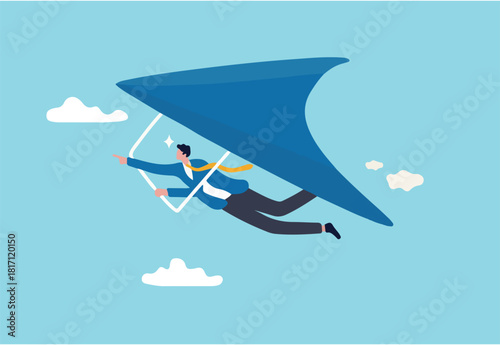 Business opportunity or aspiration to success in work and career, leadership to achieve target concept, ambitious businessman flying with glider high up to look for new business opportunity.