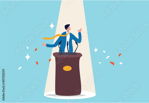Public speaking skill, confident, charisma, hand gesture, voice and expression to win the audience concept, confidence businessman speaking in public on stage with podium, microphones, spotlight on.