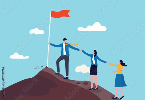 Teamwork, support and collaboration to achieve target, cooperation, team help each other to success in job concept, businessman holding hand helping team colleagues climbing to reach business goal.
