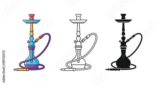 Three variations of a hookah pipe shown in different color schemes