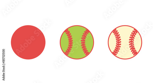 Three colorful baseballs with stitching aligned in a horizontal row