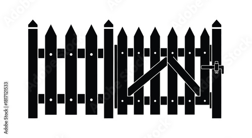 Simple black and white illustration of a picket fence with open gate