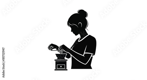 Silhouette of a woman carefully brewing coffee with a pour over device
