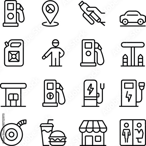 Gas station and travel amenities icon set, fuel, EV charging, food, restroom symbols, black line vector design