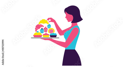 Woman serving a tray piled high with colorful pastries and sweets