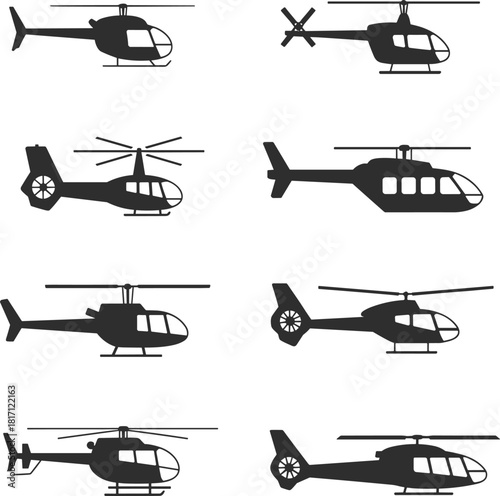 Helicopter silhouettes, aircraft vector, aviation icons, rotorcraft designs, transport, utility, flight, fuselage shapes, black graphic, aerospace