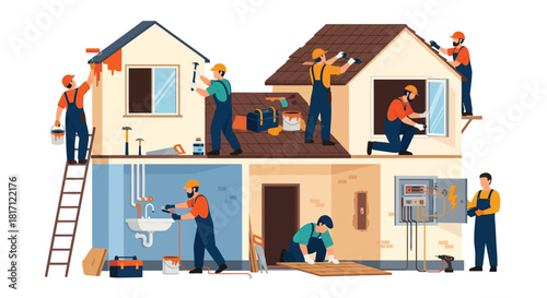 Home renovation and repair work being performed by a team of professionals