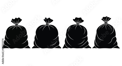 Four black trash bags lined up in a simple silhouette design