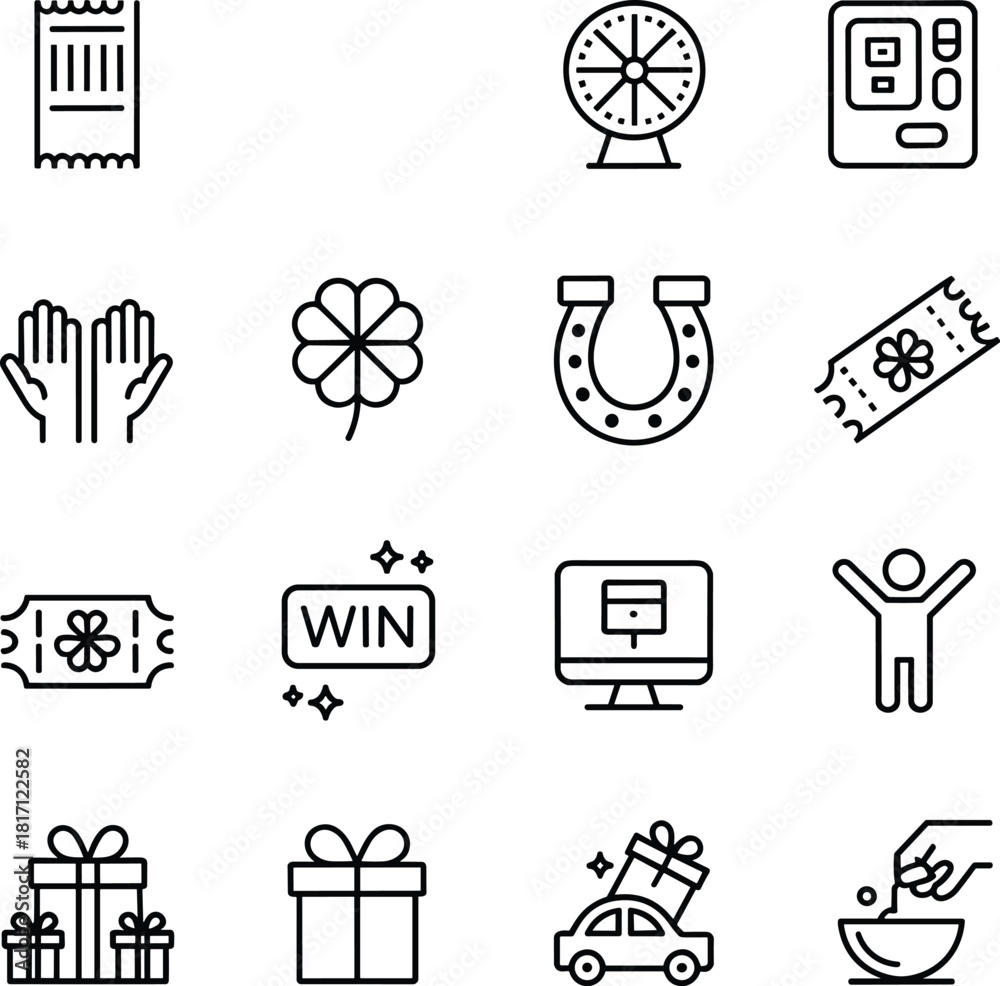 Naklejka premium Luck icons, winning symbols, reward, ticket, gift, clover, horseshoe, celebration, spin wheel, coupon, car, hands, bowl, monitor, voucher, raffle, sparkle, joy, prize, fortune, giveaway