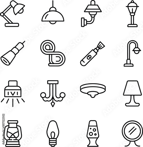Lighting icons, lamp vector, desk lamp, pendant light, chandelier, spotlight, flashlight, bulb, lantern, home decor, fixture
