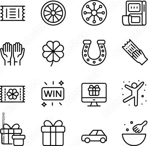 Luck icons, winning symbols, celebration, ticket, gift, prize, clover, horseshoe, slot machine, spin wheel, confetti, car, bowl, hands, monitor, win sign, jump, sparkle, reward, game, fortune