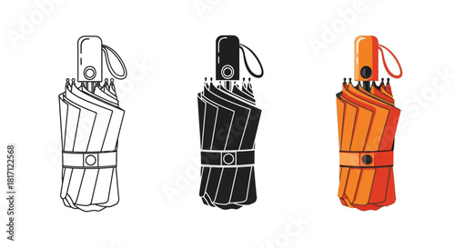 Three variations of a folded compact umbrella in different color schemes