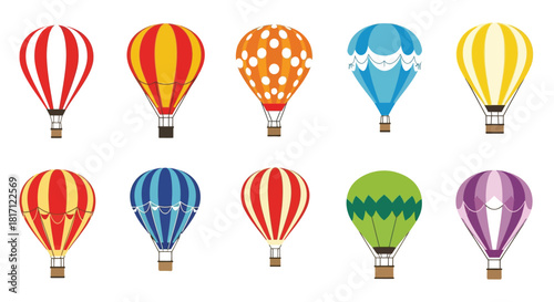 Colorful hot air balloons in a variety of patterns and designs