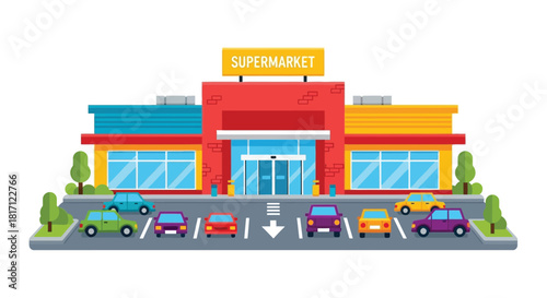 Colorful illustration depicts a supermarket building with cars in the parking lot