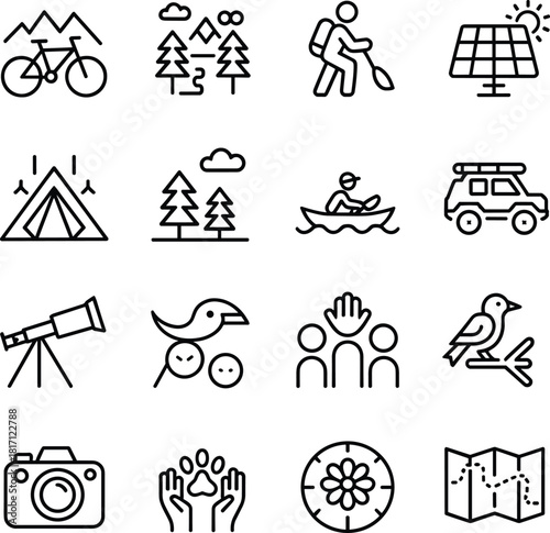 Outdoor activity icon set, nature recreation, adventure symbols, eco-tourism vector, black line style, isolated design, environmental themes