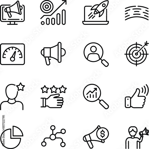 Marketing and analytics icon set, customer feedback and business growth symbols, black line style, isolated vector design elements