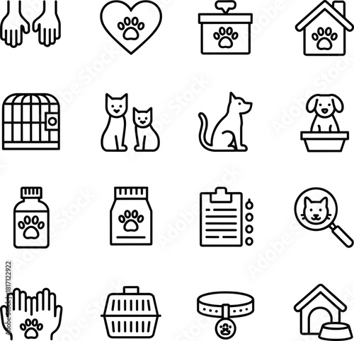 Pet care icons, animal symbols, veterinary vector, shelter, grooming, food, medicine, adoption, identification, love, protection, health, paws