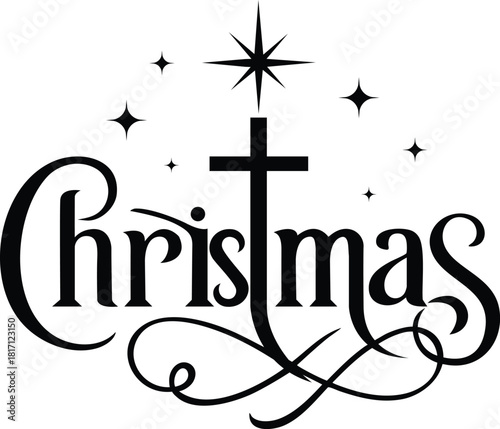 Religious Christmas Typography Design with Christian Cross and Star of Bethlehem - Vector Clipart