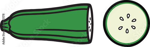 Green zucchini vegetable cut in half showing seeds and a round slice with seeds food healthy