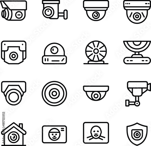 Surveillance camera icons, security symbols, vector illustration, monitoring devices, facial recognition, dome camera, webcam, protection, safety, system