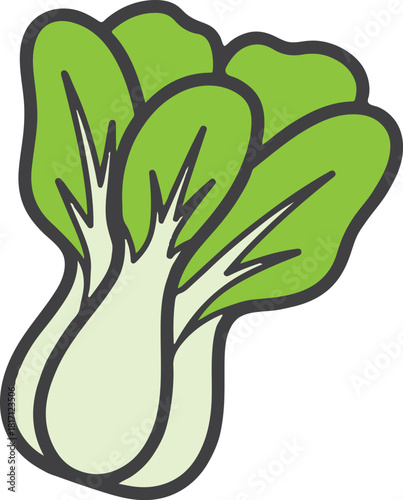 Simple cartoon illustration of a bok choy vegetable with green leaves and pale stems chinese cabbage