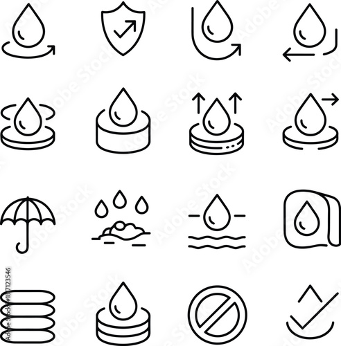 Water icons, liquid vector, waterproof symbols, absorption, repelling, containment, droplet, shield, umbrella, surface tension, fluid dynamics