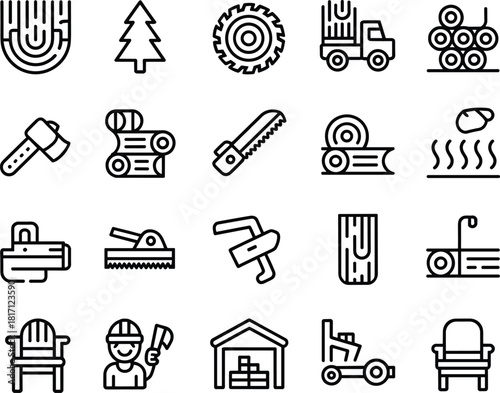 Woodworking icons, lumber tools, forestry vector, carpentry equipment, veneer, sawmill, timber processing, warehouse, furniture, worker, clamp