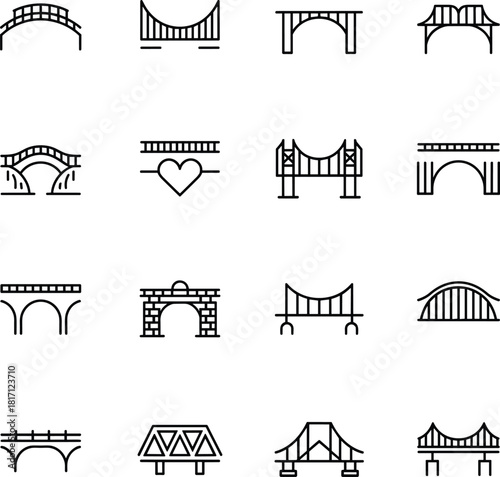 Bridge icon set, architectural styles, vector illustration, black silhouette, infrastructure design, engineering concept, urban elements, construction symbols, graphic grid