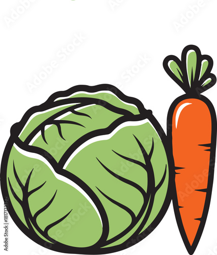 Stylized green cabbage and orange carrot with black outlines and white highlights vegetables food