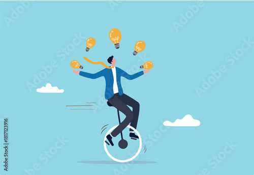 Creativity and ideas, innovation or skill to success in business, skillful businessman riding unicycle juggling lightbulb lamp metaphor of plenty ideas.