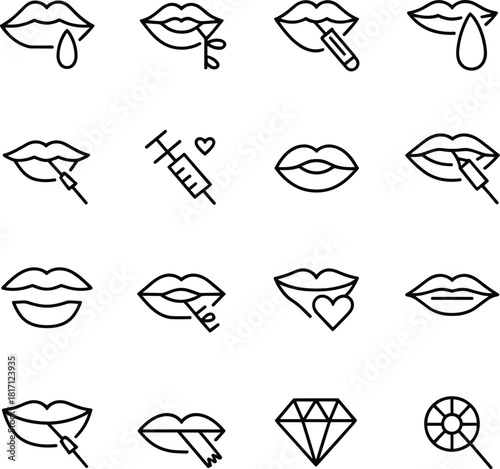 Cosmetic lips and beauty procedure icon set, injections, brushes, symbols, black line style, isolated vector design elements