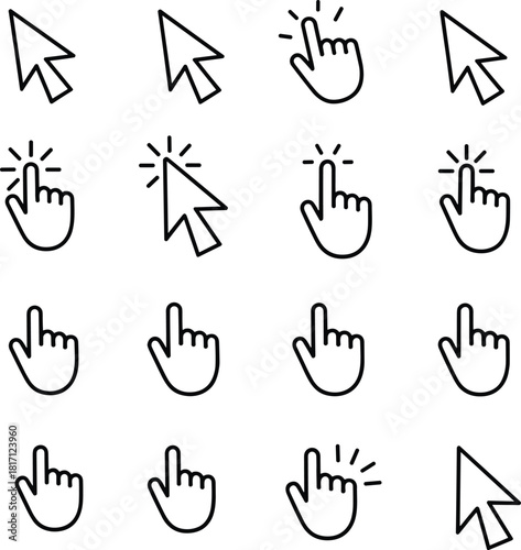 Cursor icons, pointer symbols, arrow, hand, click, gesture, interface, motion, burst, digital, UI, graphic, design, minimal, interaction, tool, transparent, black, icon set, navigation