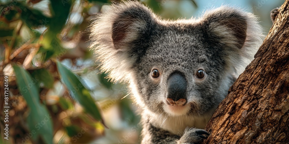 Obraz premium Adorable koala perched on tree branch in natural habitat, close-up of its fluffy ears and curious expression, showcasing Australia s unique wildlife and beauty