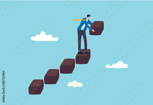 Build business success stairs, self development or career growth and job improvement, growing up or job promotion concept, businessman building staircase to progress ascending business growth.