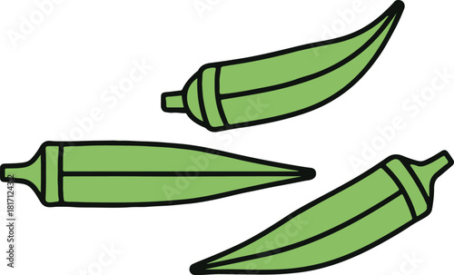 Three light green okra pods with black outlines on a white background vegetable food