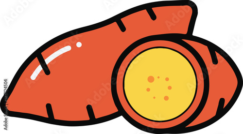 Two stylized orange sweet potatoes one whole and one sliced revealing yellow flesh with orange dots