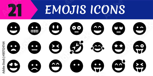 Collection of 21 black emoji icons with various facial expressions on white background Keywords: emoji, icon, face