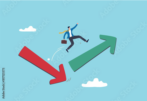 Economic and investment improvement or recover from crisis, stock market or crypto uncertainty, change from down turn to rising up concept, businessman investor jumping from red to rising up arrow.