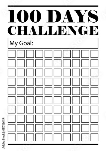 Black and white 100 days challenge tracker. Minimalist habit tracker template. Vector design.