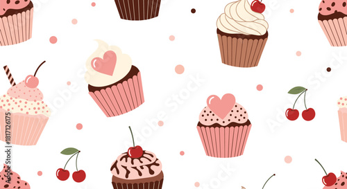 Delicious cupcakes featuring creamy frosting and sweet cherries are scattered across a charming white background with pink polka dots.