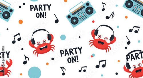 Cheerful cartoon crabs wearing headphones dance alongside boomboxes and musical notes creating a fun party on a white background.