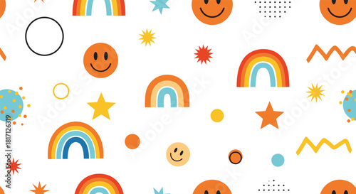 Bright rainbows, cheerful smiley faces, and sparkling stars are playfully arranged in a vibrant seamless pattern on a white background.