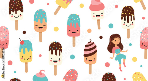 Assorted smiling ice cream popsicles and a joyful dancing girl form a sweet and whimsical seamless pattern on a vibrant background.