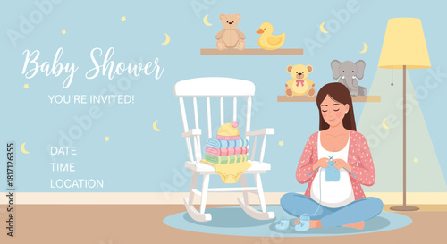 Delightful Baby Shower Invitation Design Featuring Expectant Mother Knitting Details