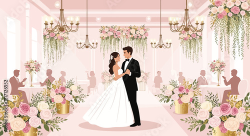 Elegant wedding reception with dancing couple amidst floral decorations and chandeliers